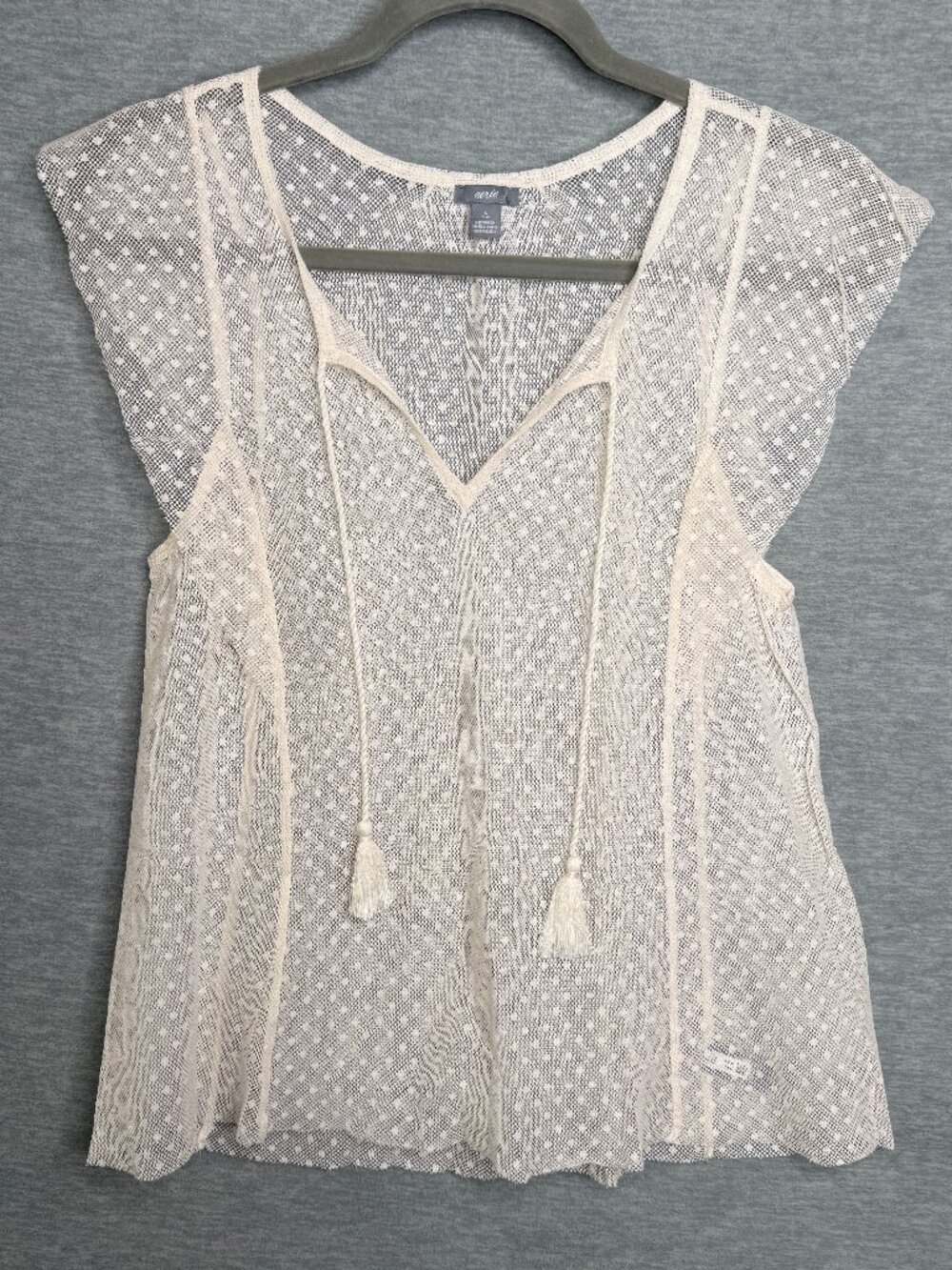 AERIE Size Small Ivory Swiss Dot Mesh Tassel Tie Boho Peasant Top